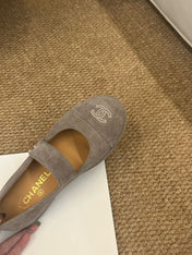 CHANEL 26S MARY JANE FLATS IN TAUPE  BROWN SUEDE CC LOGO