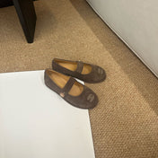 CHANEL 26S MARY JANE FLATS IN BROWN SUEDE CC LOGO