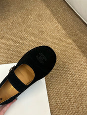 CHANEL 26S MARY JANE FLATS IN BLACK SUEDE CC LOGO