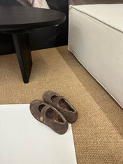 CHANEL 26S MARY JANE FLATS IN BROWN SUEDE SHEARLING LINING