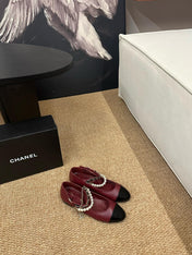 CHANEL 26S MARY JANE PEARL STRAP FLATS IN BURGUNDY RED CALFSKIN