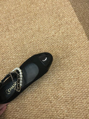 CHANEL 26S MARY JANE PEARL STRAP FLATS IN BLACK CALFSKIN