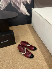 CHANEL 26S MARY JANE PEARL STRAP HIGH HEELS IN BURGUNDY RED CALFSKIN
