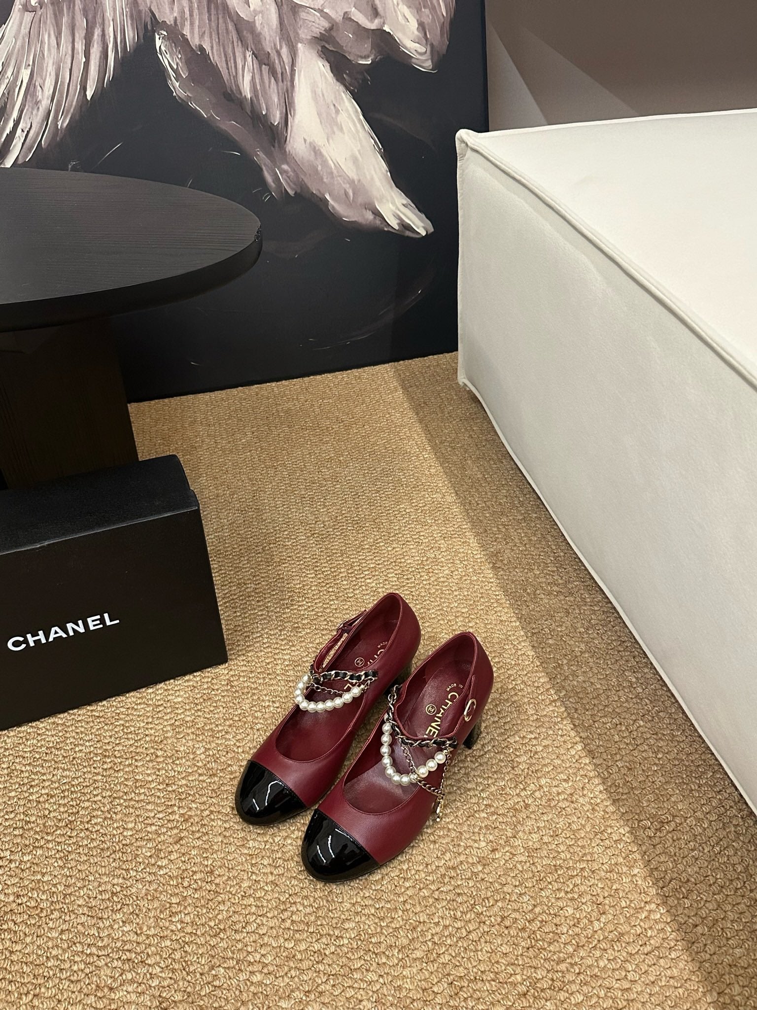 CHANEL 26S MARY JANE PEARL STRAP HIGH HEELS IN BURGUNDY RED CALFSKIN