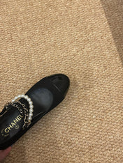 CHANEL 26S MARY JANE PEARL STRAP HIGH HEELS IN BLACK CALFSKIN