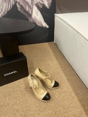 CHANEL 26S MARY JANE HEELS IN BEIGE CALFSKIN WITH BLACK CAP TOE