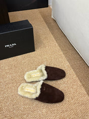 PRADA 26S SHEARLING MULE SLIPPERS IN CHOCOLATE BROWN SUEDE