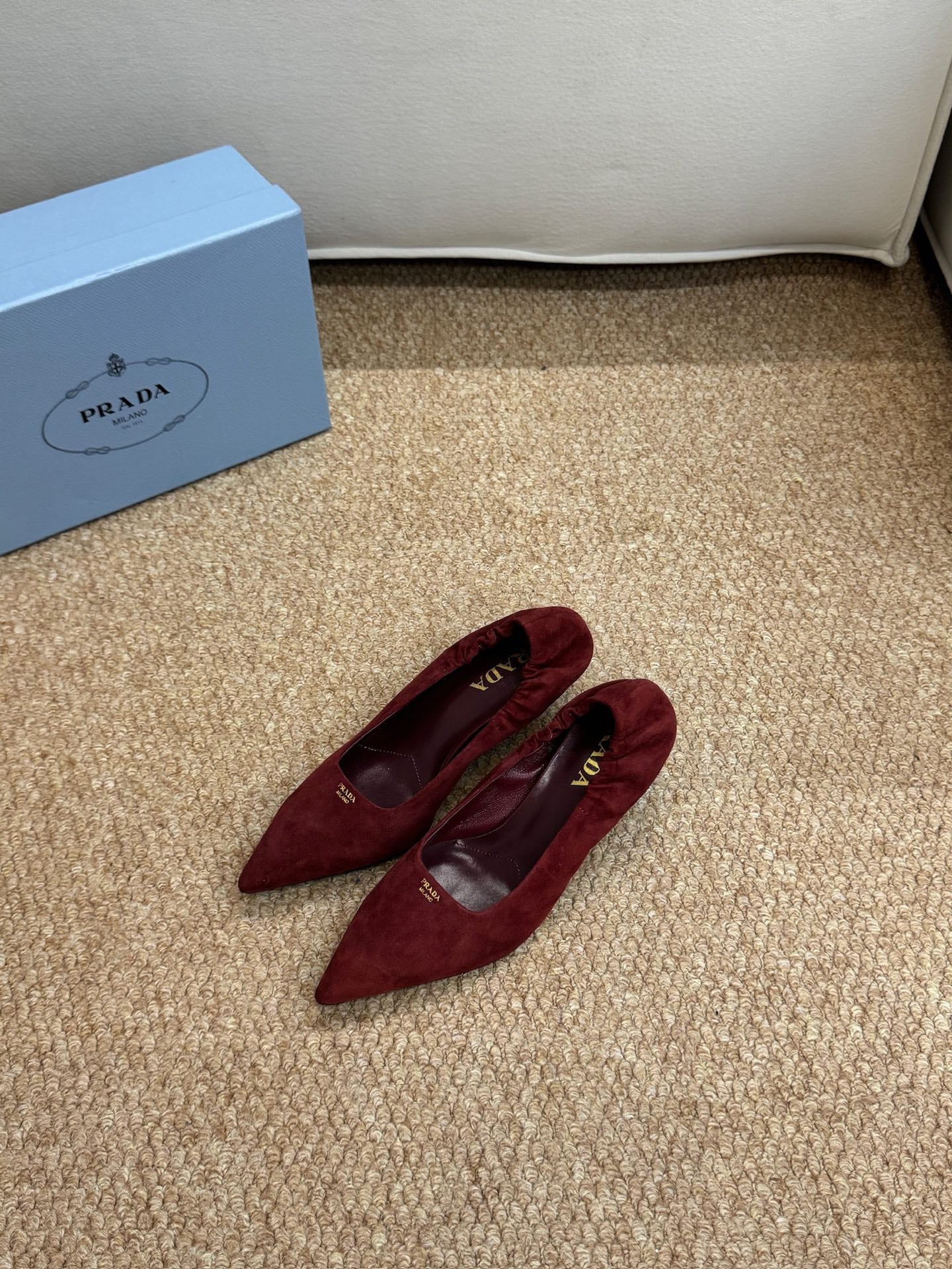 PRADA 26S POINTED TOE PUMPS 50MM IN DARK RED SUEDE