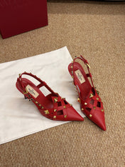 VALENTINO 26S ROCKSTUD SLINGBACK HEELS IN RED CALFSKIN