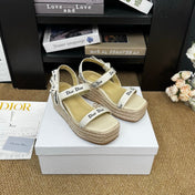 DIOR 26S ESPADRILLE WEDGE SANDAL IN BEIGE CANVAS AND CALFSKIN