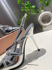 CROSS STRAP HIGH HEELED SLINGBACK IN SILVER METALLIC GLOSSY SHEEPSKIN