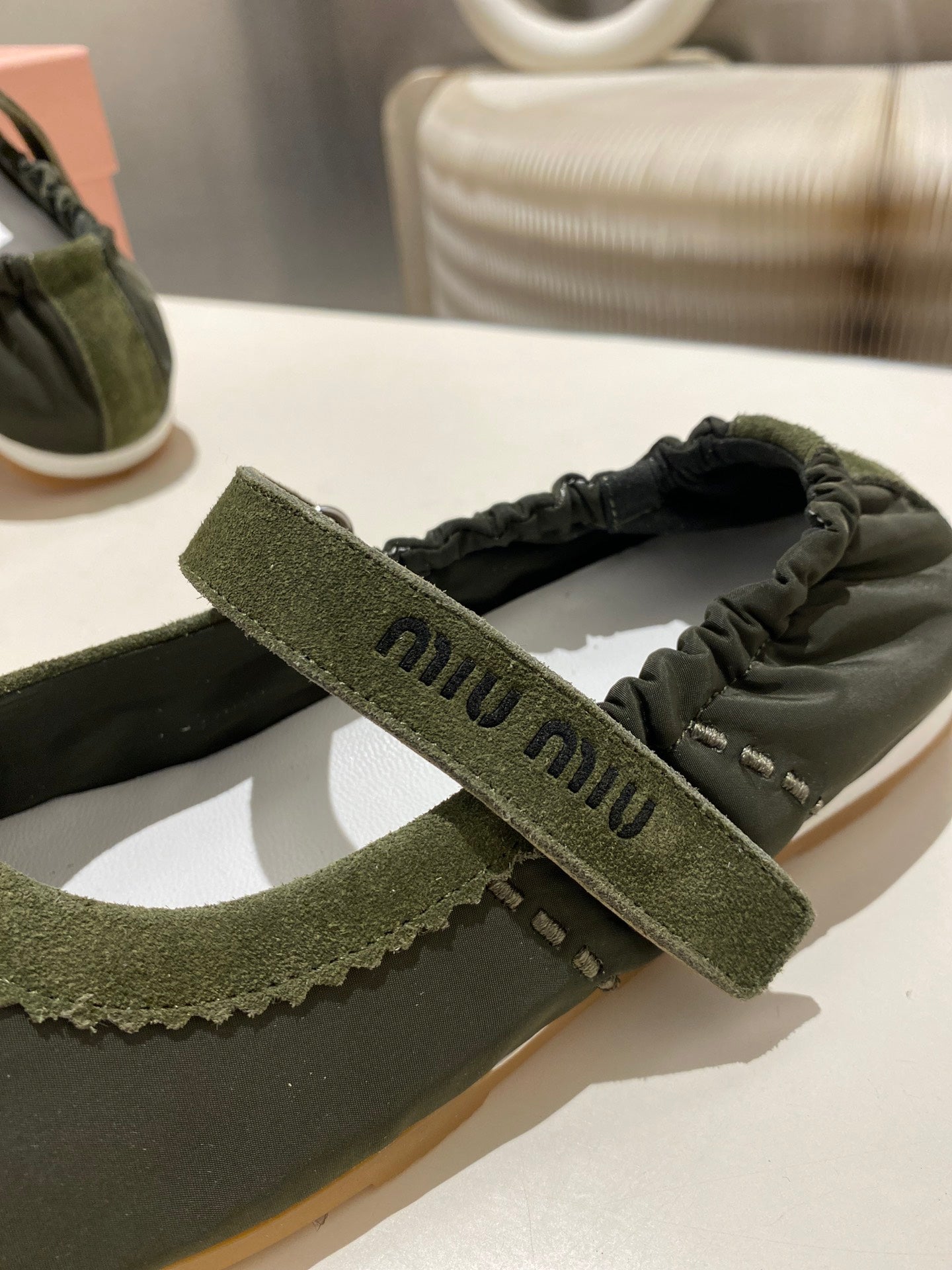 MIUMIU 26S RUCHES NAPPA BALLERINAS IN ARMY GREEN SUEDE AND FABRIC