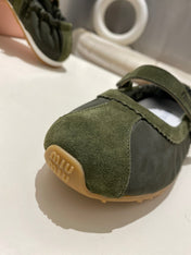 MIUMIU 26S RUCHES NAPPA BALLERINAS IN ARMY GREEN SUEDE AND FABRIC