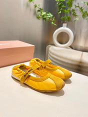 MIUMIU 26S RUCHES NAPPA BALLERINAS IN YELLOW SUEDE AND FABRIC