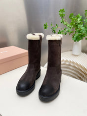 MIUMIU 26S MID CALF BOOT IN DARK BROWN  SUEDE AND SHEARLING
