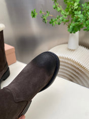 MIUMIU 26S MID CALF BOOT IN DARK BROWN  SUEDE AND SHEARLING