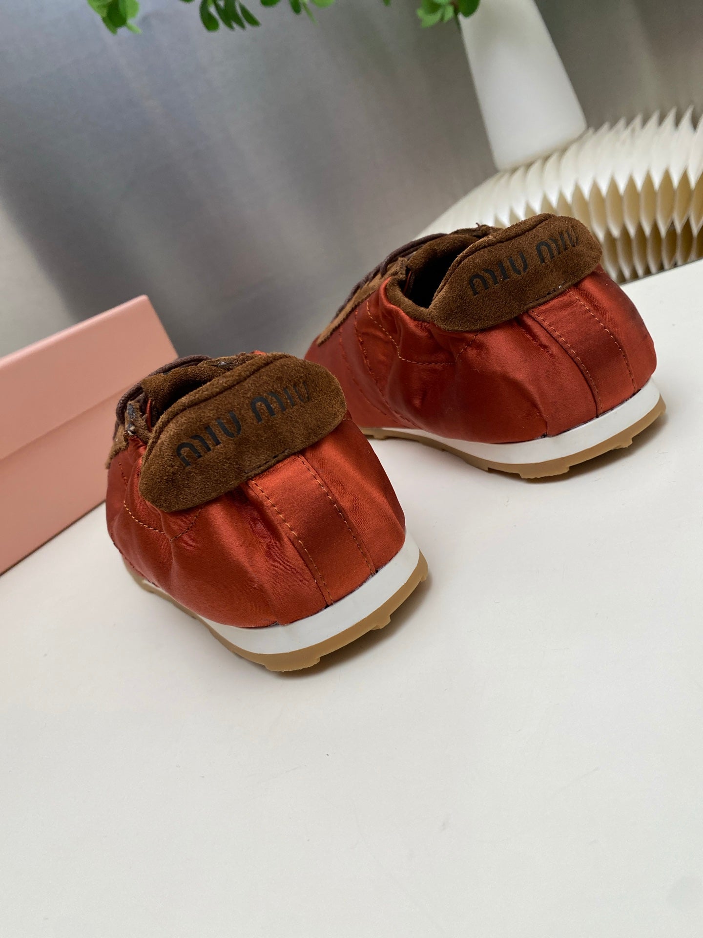 MIUMIU 26S SNEAKERS IN RUST RED PLUME SATIN