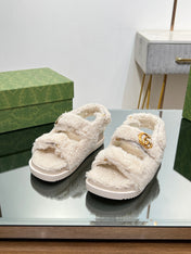 DAD SANDALS IN WHITE FLEECE WITH GOLD HARDWARE