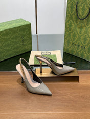 GG HIGH SLINGBACK 10.5 CM IN DOVE GREY GLOSSY CALFSKIN WITH GOLD HARDWARE
