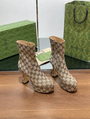 GG HIGH SANDAL 11.5 CM IN CAMEL BROWN MONOGRAM JACQUARD FABRIC