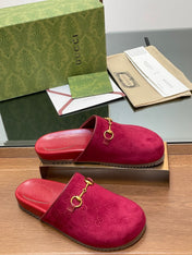GG HORSEBIT MULE IN RED PINK EMBOSSED SUEDE AND SHEEPSKIN LINING
