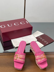 HIGH 6.3 CM WEDGE SANDALS IN PINK CALFSKIN AND FABRIC