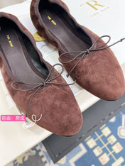 THE ROW 26S BALLET FLATS IN DARK BROWN SUEDE ELASTIC TRIM WITH BOW