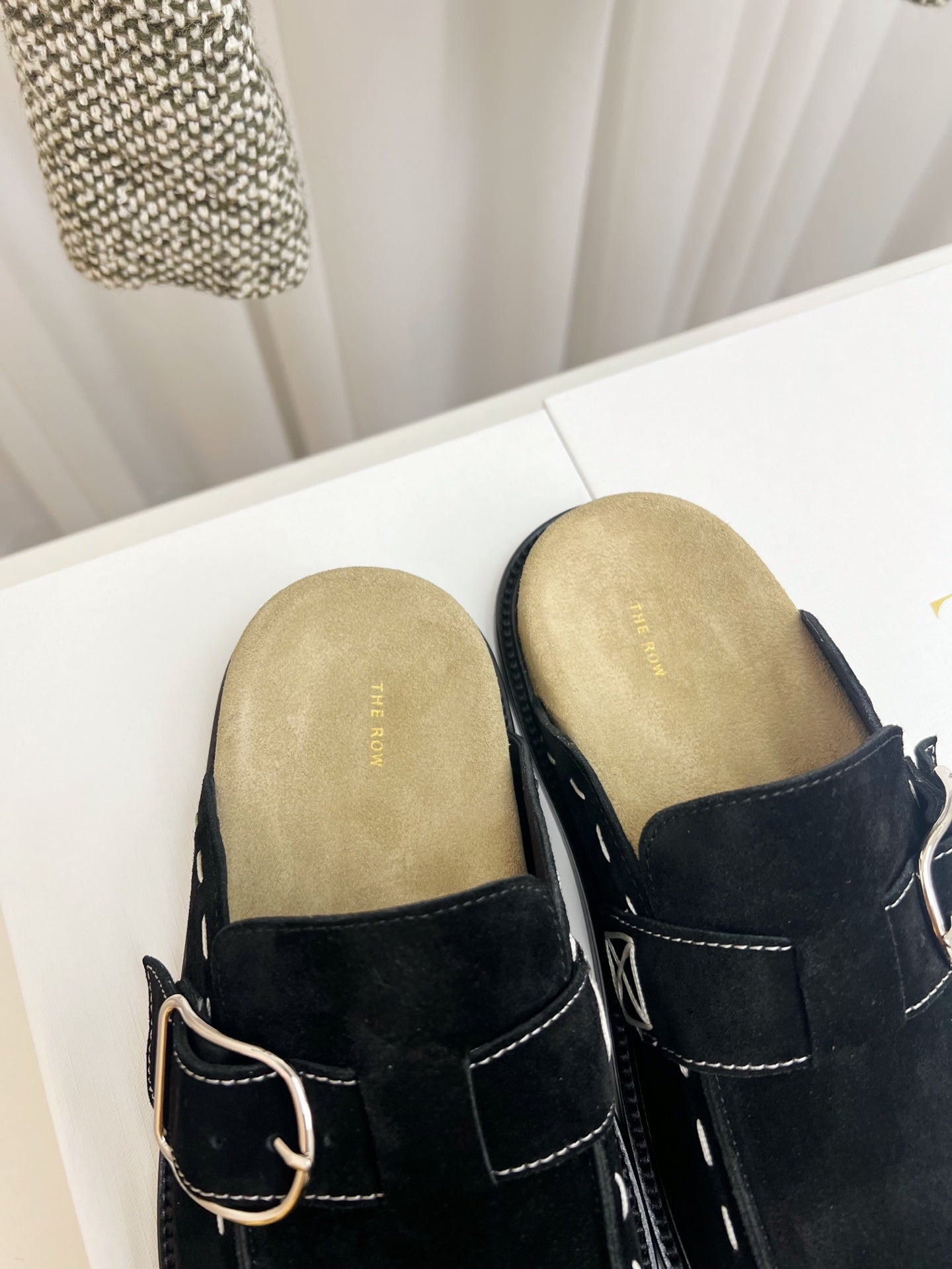 THE ROW 26S BUCKLED MULE CLOGS IN BLACK SUEDE