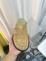 THE ROW 26S BUCKLED MULE CLOGS IN LIGHT BROWN SUEDE
