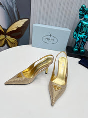 CRYSTAL SATIN HIGH-HEEL SLING BACK PUMPS GOLD