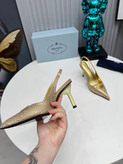 CRYSTAL SATIN HIGH-HEEL SLING BACK PUMPS GOLD