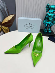 PRADA 26S POINTED TOE PUMPS STILETTO HEEL 80MM IN LIME GREEN SATIN