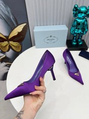 PRADA 26S POINTED TOE PUMPS STILETTO HEEL 80MM IN DEEP PURPLE SATIN