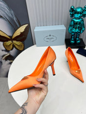 PRADA 26S POINTED TOE PUMPS STILETTO HEEL 80MM IN ORANGE SATIN