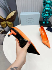 PRADA 26S POINTED TOE PUMPS STILETTO HEEL 80MM IN ORANGE SATIN
