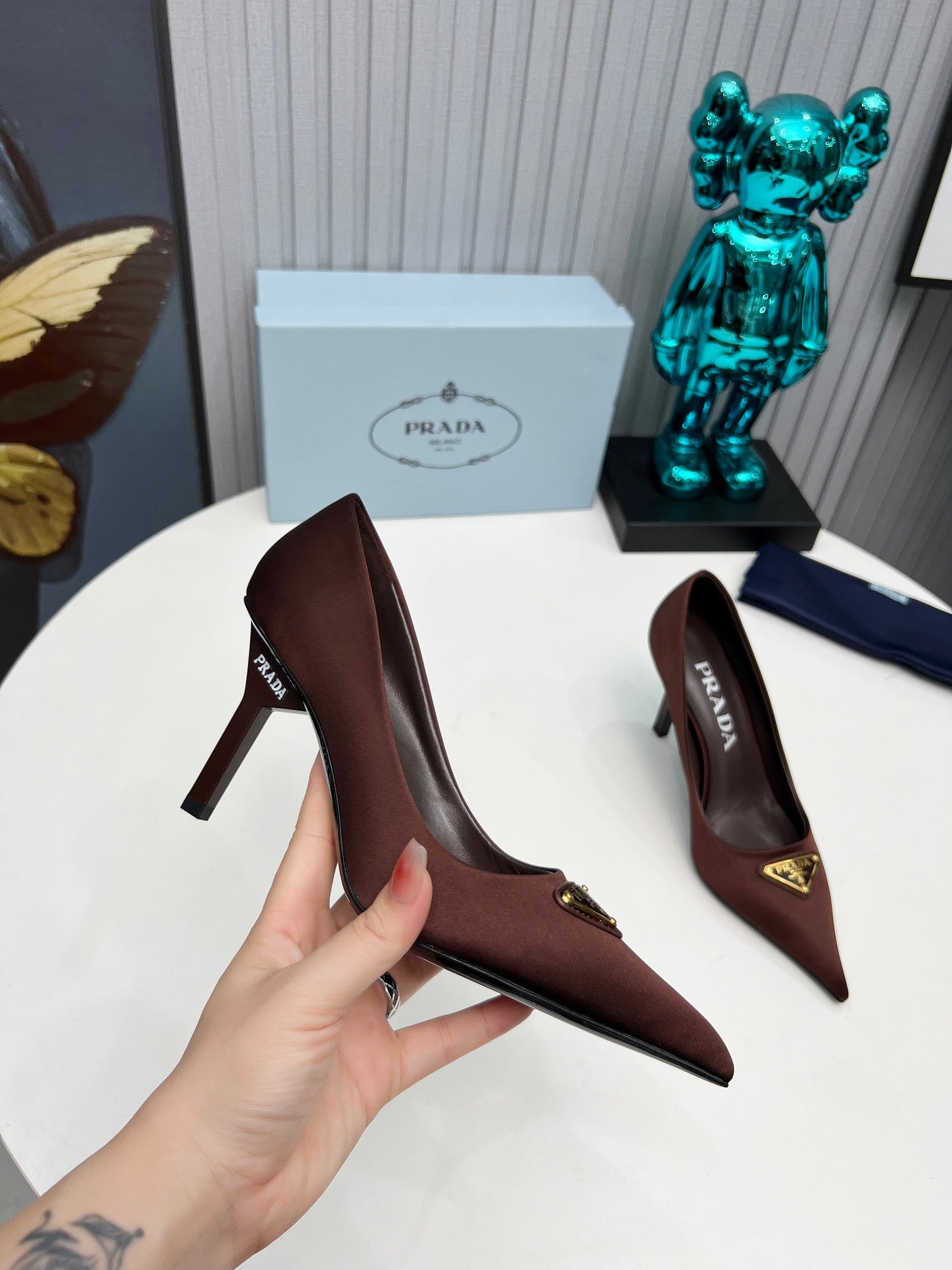 PRADA 26S POINTED TOE PUMPS STILETTO HEEL 80MM IN DARK BROWN SATIN