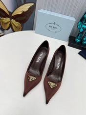 PRADA 26S POINTED TOE PUMPS STILETTO HEEL 80MM IN DARK BROWN SATIN