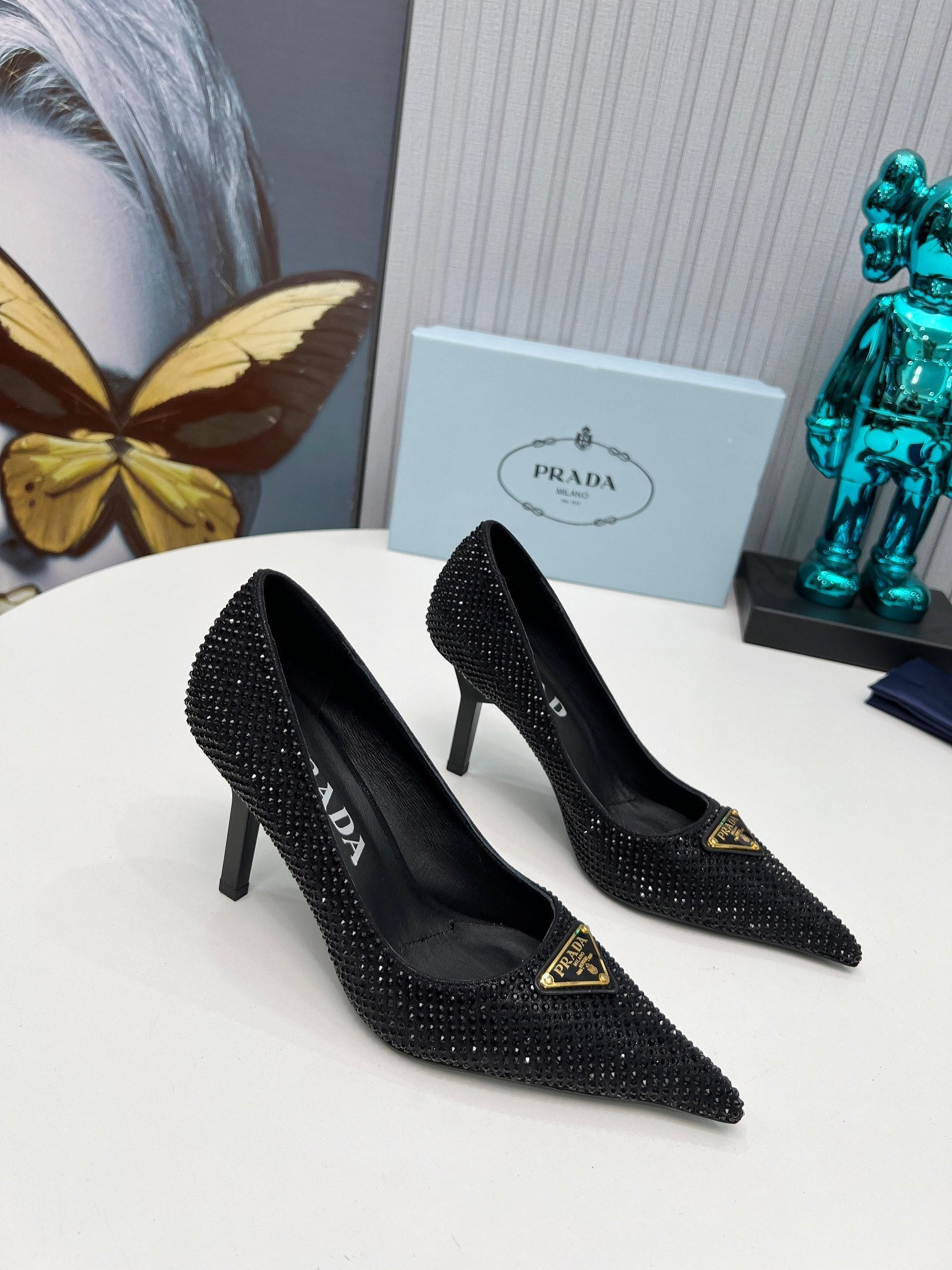 PRADA 26S POINTED TOE PUMPS STILETTO HEEL 80MM IN BLACK CRYSTAL EMBELLISHED