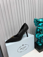 PRADA 26S POINTED TOE PUMPS STILETTO HEEL 80MM IN BLACK CRYSTAL EMBELLISHED