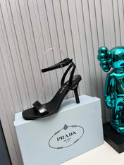 PRADA 26S ANKLE STRAP SANDALS STILETTO HEEL 80MM IN BLACK SHINE CALFSKIN