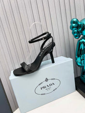 PRADA 26S ANKLE STRAP SANDALS STILETTO HEEL 80MM IN BLACK CALFSKIN