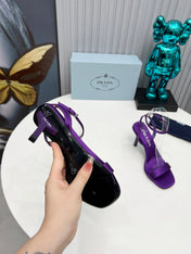 PRADA 26S ANKLE STRAP SANDALS STILETTO HEEL 80MM IN DEEP PURPLE SATIN