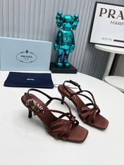 PRADA 26S STRAPPY SANDALS STILETTO HEEL 60MM IN DARK BROWN SATIN