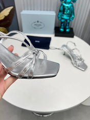 PRADA 26S STRAPPY SANDALS STILETTO HEEL 60MM IN SILVER CALFSKIN