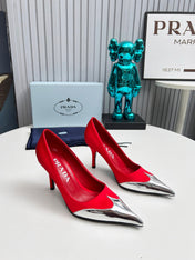 HIGH POINTED-TOE PUMPS IN RED MIX SILVER SATIN