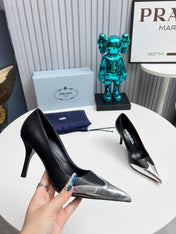HIGH POINTED-TOE PUMPS IN SILVER MIX BLACK CALFSKIN