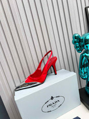 HIGH SLING BACK PUMPS IN SILVER MIX RED SATIN