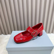 PRADA 26S SQUARE TOE STUDDED SLINGBACK BLOCK HEEL 40MM IN DARK RED PATENT CALFSKIN