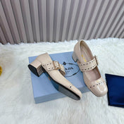 PRADA 26S ROUND TOE MARY JANE 40MM IN BEIGE PATENT CALFSKIN WITH STUD DETAIL