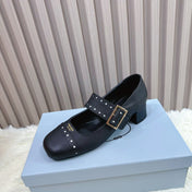 PRADA 26S ROUND TOE MARY JANE 40MM IN BLACK CALFSKIN WITH STUD DETAIL